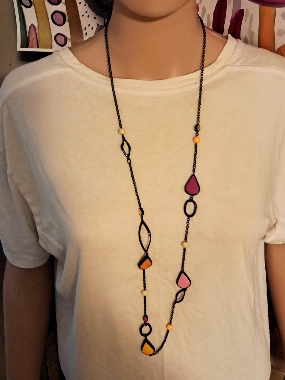 Long Teardrop Pendant Bead Necklace - Pink, Orange, Yellow